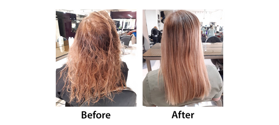 A before and after of a woman using the PowerPlex Collection Kit in a salon treatment