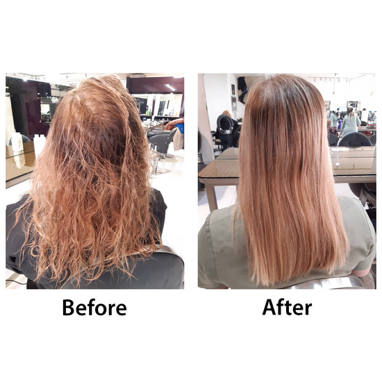 A before and after of a woman using the PowerPlex Collection Kit in a salon treatment