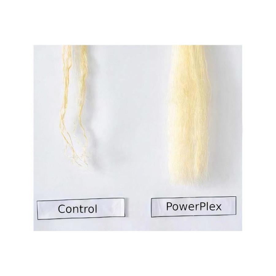 Hair strands treated with PowerPlex showing improved density after harsh chemicals and improved color