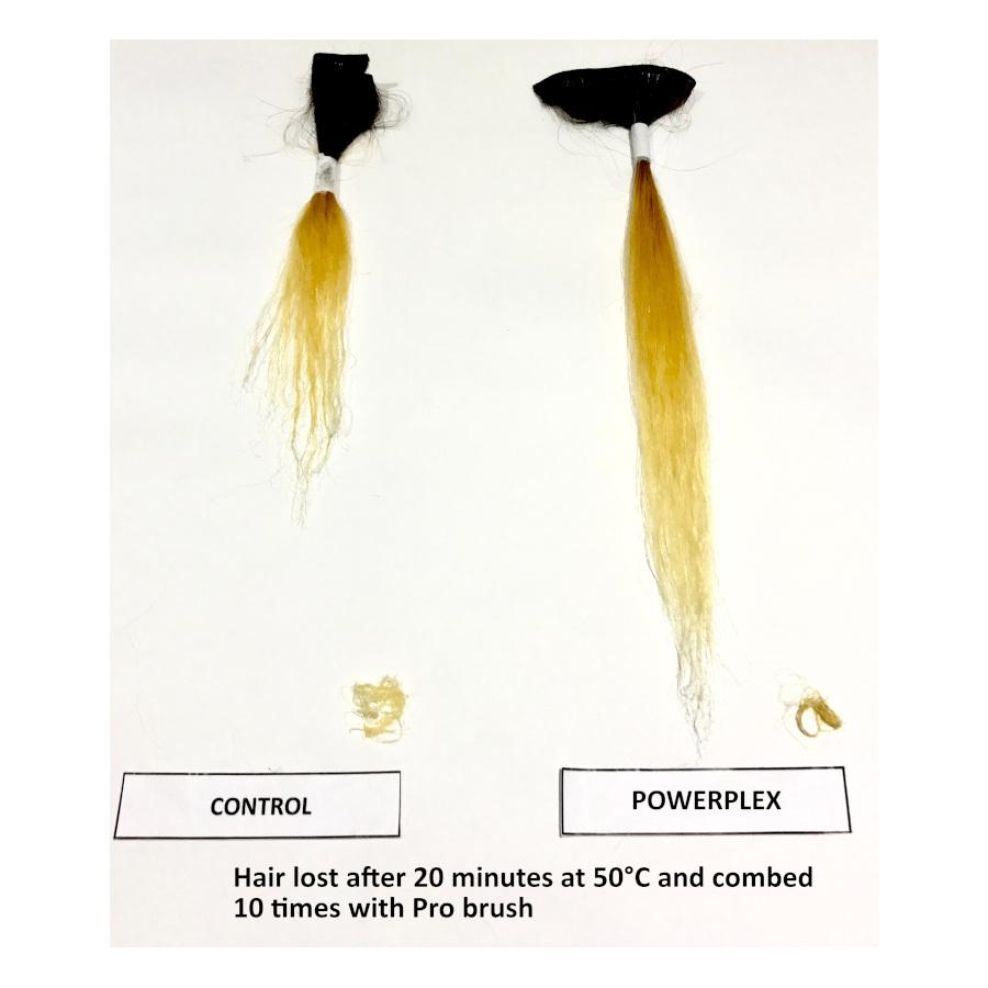 Hair strands treated with PowerPlex compared to control showing improved resistance to extreme heat