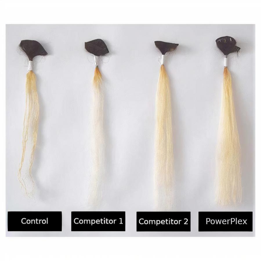 Hair strands treated with PowerPlex compared to competitor plex products and control