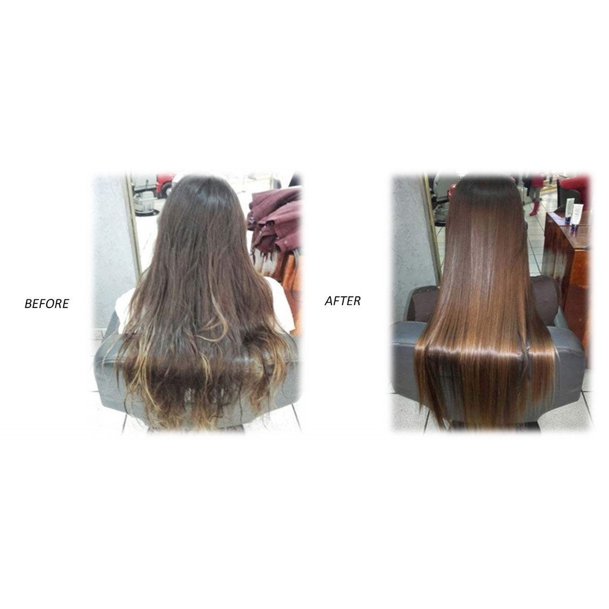 Before and after picture of a woman's hair using PowerPlex to improve smoothness, shine, and color
