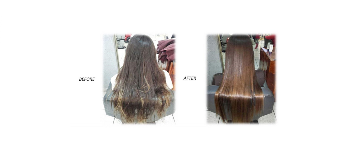 Before and after picture of a woman's hair using PowerPlex to improve smoothness, shine, and color