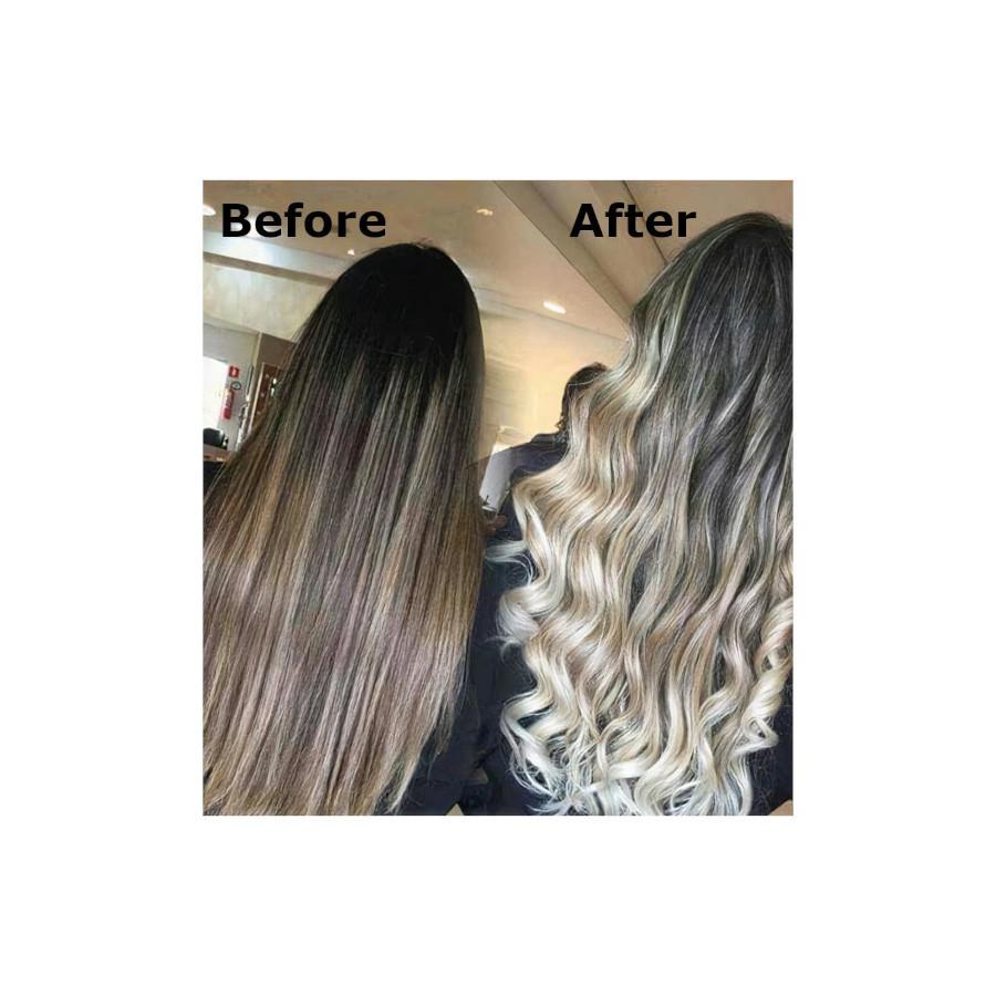 Before and after picture of a woman using PowerPlex to help create curls and vibrant colors in hair