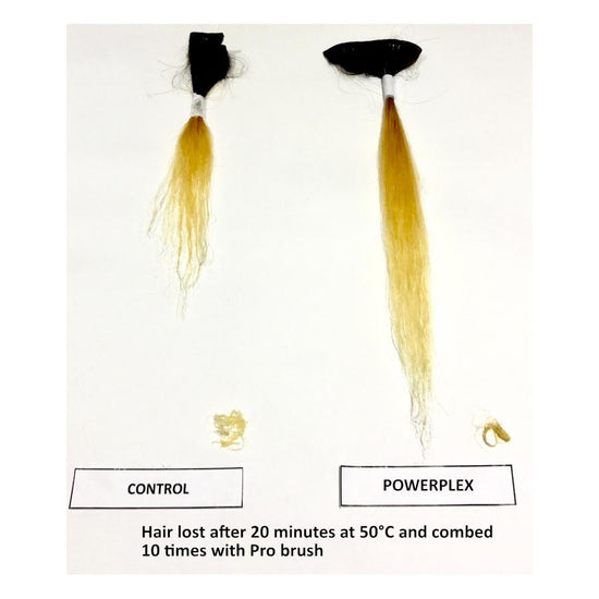 Hair strands treated with PowerPlex compared to control showing improved resistance to extreme heat